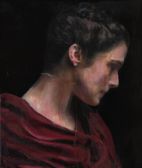 "Study of a woman. I should do a bigger oil painting with this subject. Maybe… Mixed media on heavy paper ( collage and oil), 18 x 21 cm."